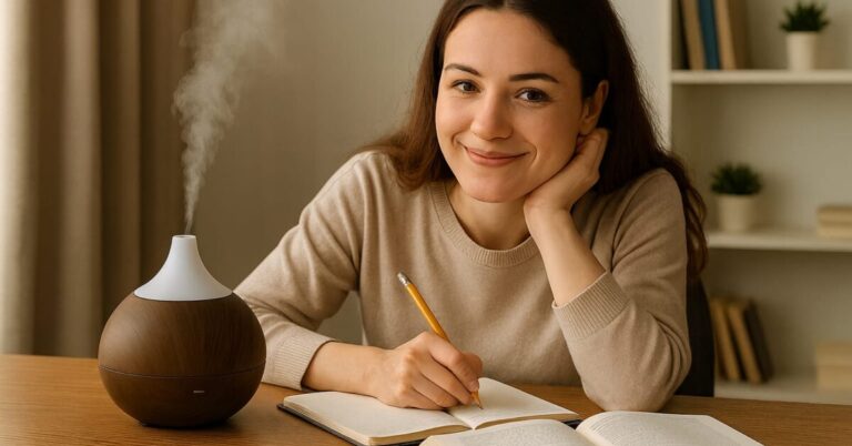 Jovem estudando em mesa com difusor de aromas ao lado, transmitindo calma e bem-estar com aromas relaxantes para estudar para o ENEM.