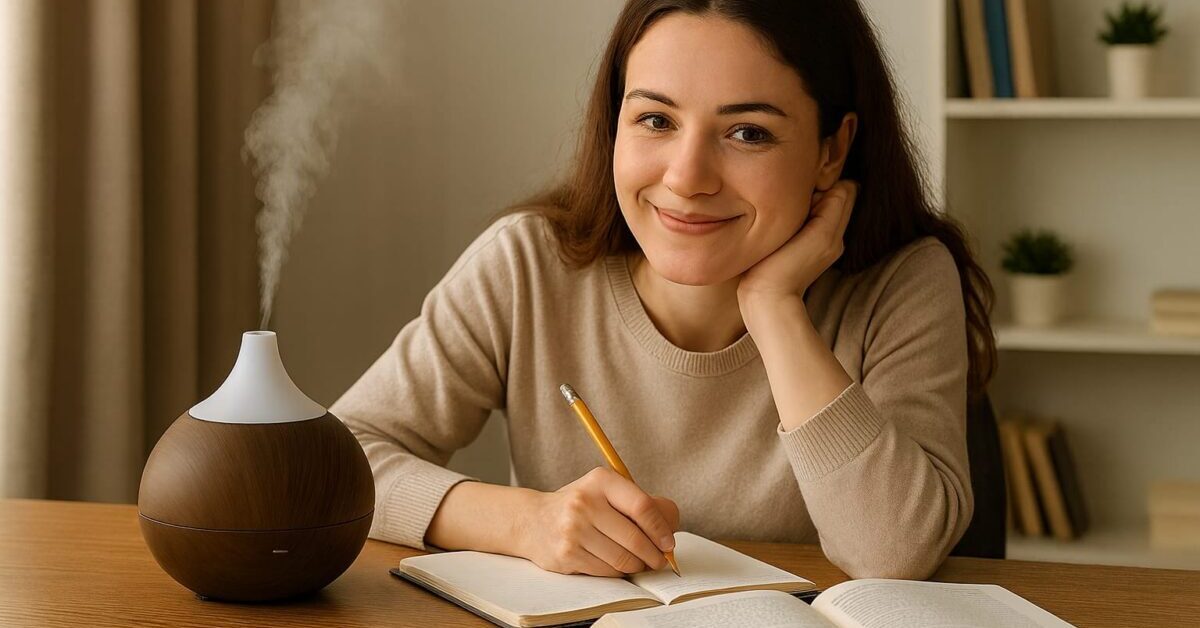 Jovem estudando em mesa com difusor de aromas ao lado, transmitindo calma e bem-estar com aromas relaxantes para estudar para o ENEM.